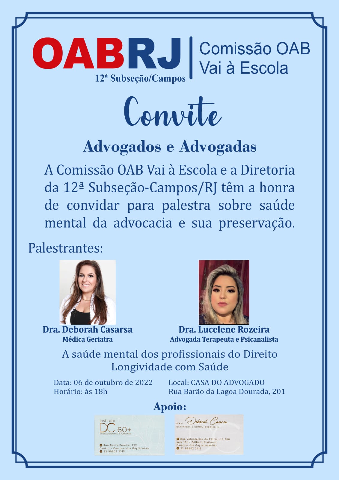 PALESTRA SOBRE SAÚDE MENTAL DA ADVOCACIA E SUA PRESERVAÇÃO