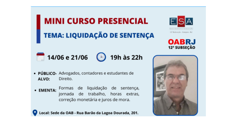 ESA Campos. Curso de Liquidação de sentença iniciará amanhã 14 de junho .