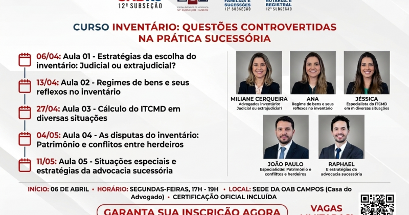 OAB Campos abre inscrições para curso presencial sobre Inventário e Prática Sucessória