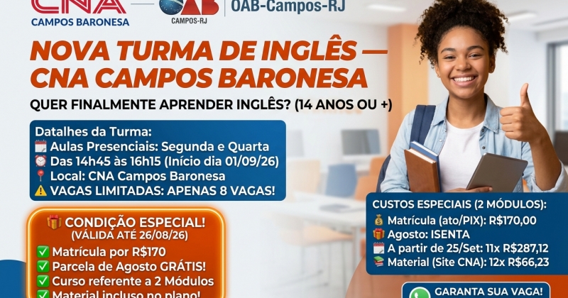 🚀 Oportunidade Exclusiva: Nova Turma de Inglês no CNA Baronesa em Parceria com a OAB-Campos-RJ!