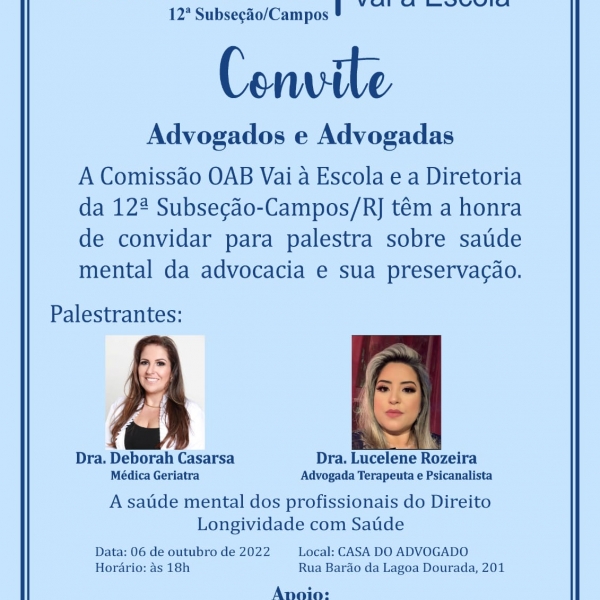 PALESTRA SOBRE SAÚDE MENTAL DA ADVOCACIA E SUA PRESERVAÇÃO