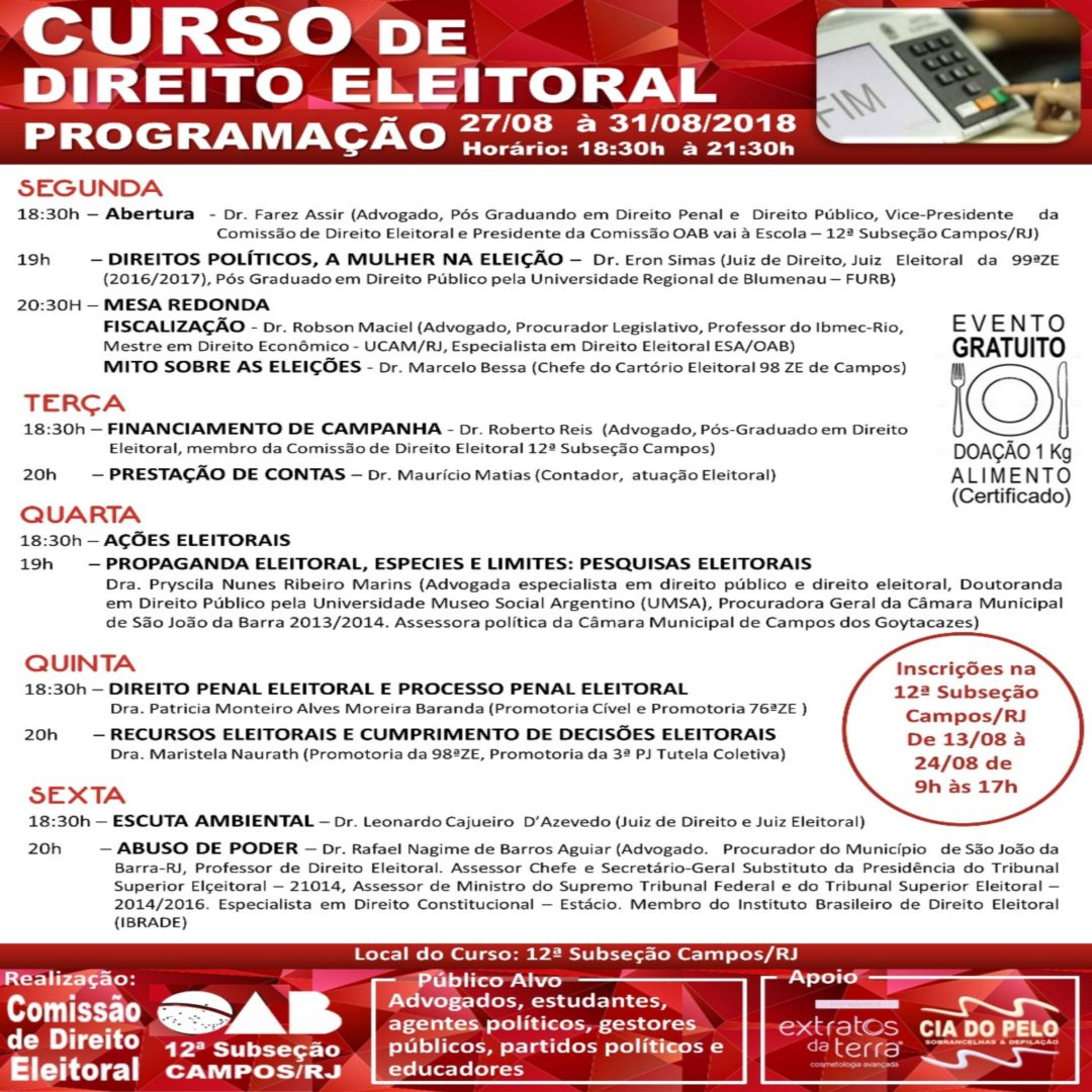 INSCRIÇÕES ENCERRADAS: CURSO DE DIREITO ELEITORAL 2018
