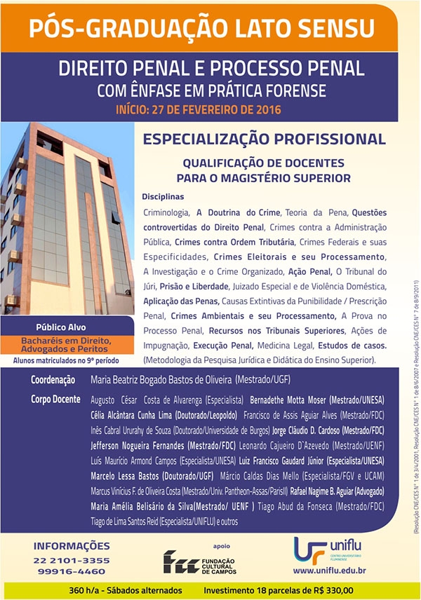 UNIFLU: Pós-Graduação Lato Sensu em Direito Penal e Processual Penal