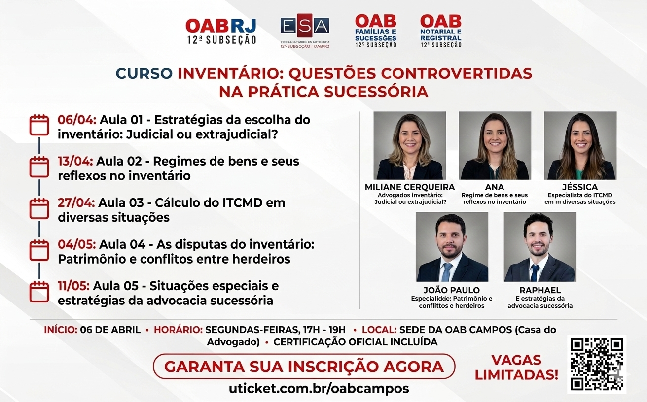 OAB Campos abre inscrições para curso presencial sobre Inventário e Prática Sucessória